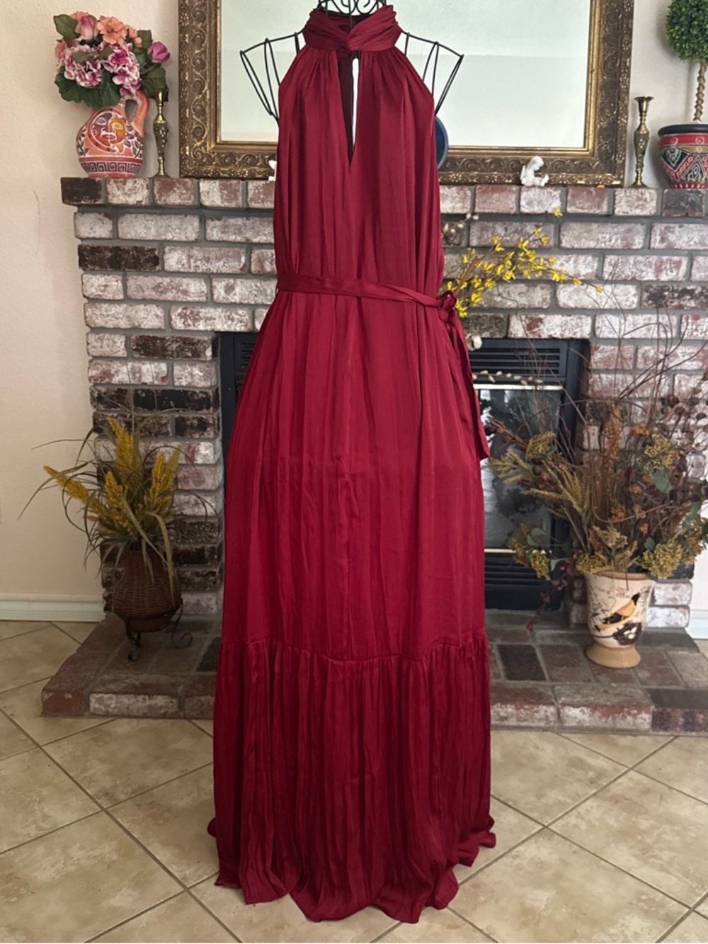 Banana Republic Women's Red Twisted Satin Tiered Maxi Dress Size Small